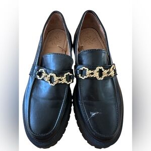 Black Leather Loafers with Gold Accent